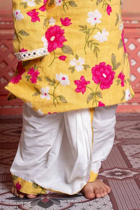 Kirti Agarwal - Pret N Couture Yellow Linen, Cotton, Silk Embroidery Floral Kurta And Dhoti Pant Set at Aza Fashions Kirti Agarwal - Pret N Couture_Yellow Linen, Cotton, Silk Embroidery Floral Kurta And Dhoti Pant Set _at_Aza_Fashions