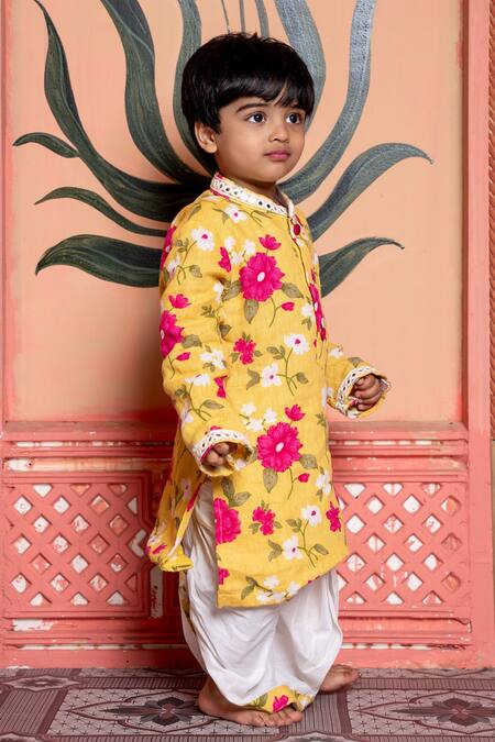 Buy Kirti Agarwal - Pret N Couture Yellow Linen, Cotton, Silk Embroidery Floral Kurta And Dhoti Pant Set Buy_Kirti Agarwal - Pret N Couture_Yellow Linen, Cotton, Silk Embroidery Floral Kurta And Dhoti Pant Set