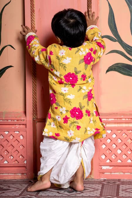 Shop Kirti Agarwal - Pret N Couture Yellow Linen, Cotton, Silk Embroidery Floral Kurta And Dhoti Pant Set at Aza Fashions Shop_Kirti Agarwal - Pret N Couture_Yellow Linen, Cotton, Silk Embroidery Floral Kurta And Dhoti Pant Set _at_Aza_Fashions