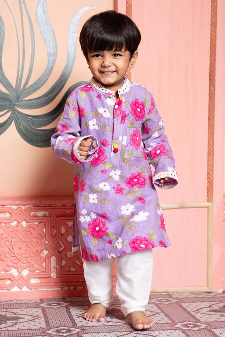 Shop Kirti Agarwal - Pret N Couture Purple Linen, Cotton Embroidery Lavender Floral Kurta And Pyjama Set Online at Aza Fashions Shop_Kirti Agarwal - Pret N Couture_Purple Linen, Cotton Embroidery Lavender Floral Kurta And Pyjama Set _Online_at_Aza_Fashions