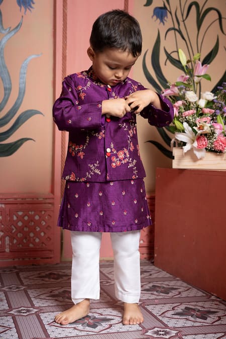 Shop Kirti Agarwal - Pret N Couture Purple Silk, Cotton Embroidery Bundi Kurta Set Online at Aza Fashions Shop_Kirti Agarwal - Pret N Couture_Purple Silk, Cotton Embroidery Bundi Kurta Set _Online_at_Aza_Fashions