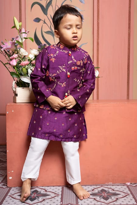 Kirti Agarwal - Pret N Couture Purple Silk, Cotton Embroidery Bundi Kurta Set 