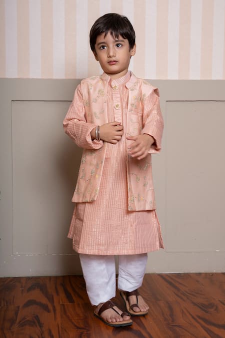 Kirti Agarwal - Pret N Couture Peach Chanderi, Lurex Embroidery Designer Kurta Jacket Pyjama Set