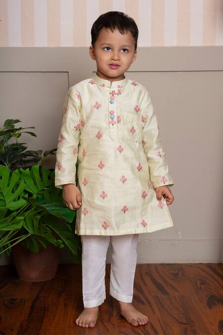 Kirti Agarwal - Pret N Couture Yellow Chanderi, Cotton, Silk Embroidery Kurta And Pant Set Online at Aza Fashions Kirti Agarwal - Pret N Couture_Yellow Chanderi, Cotton, Silk Embroidery Kurta And Pant Set _Online_at_Aza_Fashions