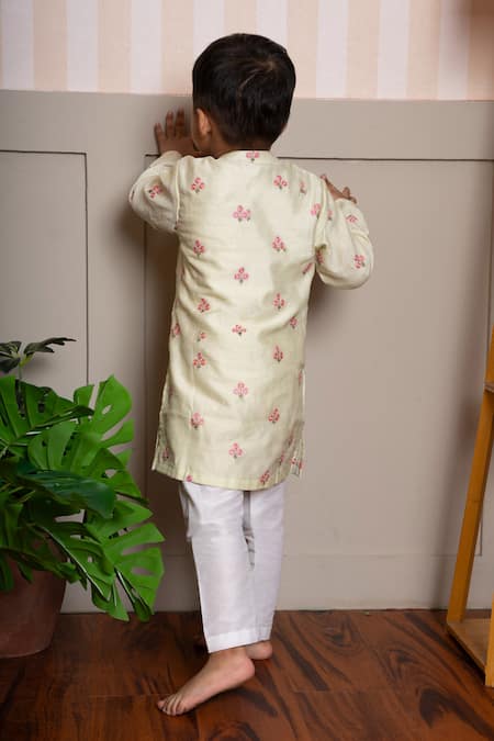 Shop Kirti Agarwal - Pret N Couture Yellow Chanderi, Cotton, Silk Embroidery Kurta And Pant Set at Aza Fashions Shop_Kirti Agarwal - Pret N Couture_Yellow Chanderi, Cotton, Silk Embroidery Kurta And Pant Set _at_Aza_Fashions