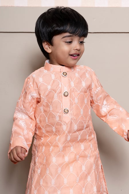 Kirti Agarwal - Pret N Couture Peach Chanderi, Silk, Cotton Embroidery Kurta And Dhoti Pant Set Online at Aza Fashions Kirti Agarwal - Pret N Couture_Peach Chanderi, Silk, Cotton Embroidery Kurta And Dhoti Pant Set _Online_at_Aza_Fashions