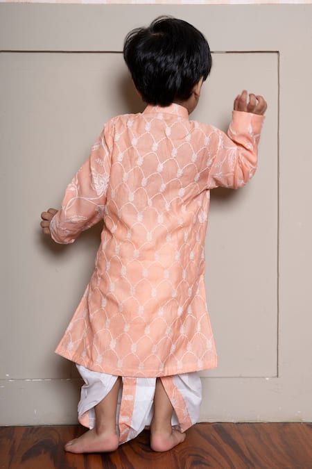 Shop Kirti Agarwal - Pret N Couture Peach Chanderi, Silk, Cotton Embroidery Kurta And Dhoti Pant Set at Aza Fashions Shop_Kirti Agarwal - Pret N Couture_Peach Chanderi, Silk, Cotton Embroidery Kurta And Dhoti Pant Set _at_Aza_Fashions