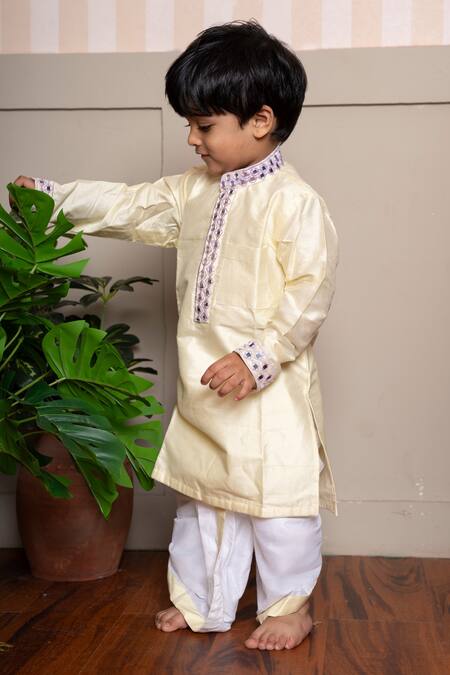 Shop Kirti Agarwal - Pret N Couture Yellow Silk, Cotton Embroidery Kurta And Dhoti Pant Set Online at Aza Fashions Shop_Kirti Agarwal - Pret N Couture_Yellow Silk, Cotton Embroidery Kurta And Dhoti Pant Set _Online_at_Aza_Fashions