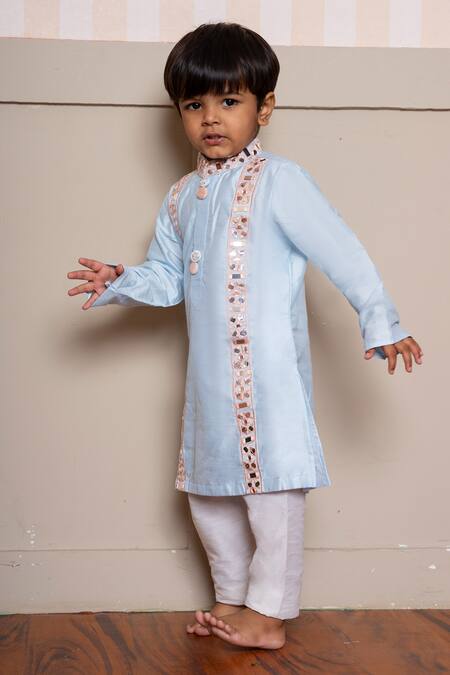 Buy Kirti Agarwal - Pret N Couture Blue Silk, Cotton Embroidery Powder Kurta And Pyjama Set Online at Aza Fashions Buy_Kirti Agarwal - Pret N Couture_Blue Silk, Cotton Embroidery Powder Kurta And Pyjama Set _Online_at_Aza_Fashions