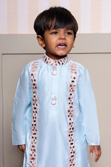 Shop Kirti Agarwal - Pret N Couture Blue Silk, Cotton Embroidery Powder Kurta And Pyjama Set Online at Aza Fashions Shop_Kirti Agarwal - Pret N Couture_Blue Silk, Cotton Embroidery Powder Kurta And Pyjama Set _Online_at_Aza_Fashions