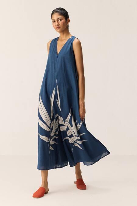 Kharakapas Blue Cotton V-neck Fern Designer Jumpsuit Online at Aza Fashions Kharakapas_Blue Cotton V-neck Fern Designer Jumpsuit _Online_at_Aza_Fashions