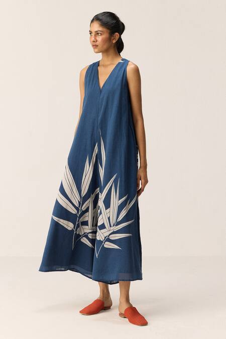 Shop Kharakapas Blue Cotton V-neck Fern Designer Jumpsuit Online at Aza Fashions Shop_Kharakapas_Blue Cotton V-neck Fern Designer Jumpsuit _Online_at_Aza_Fashions