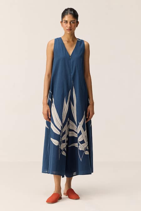 Kharakapas Blue Cotton V-neck Fern Designer Jumpsuit 