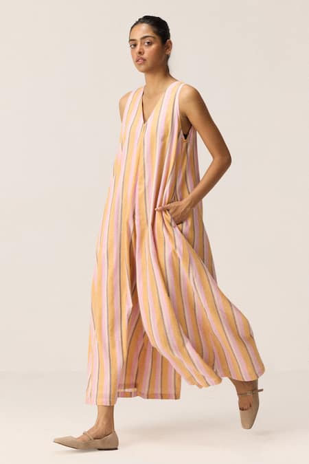 Kharakapas_Pink Cotton V-neck Striped Mangotrail Jumpsuit _Online_at_Aza_Fashions