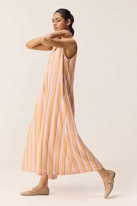 Buy_Kharakapas_Pink Cotton V-neck Striped Mangotrail Jumpsuit _Online_at_Aza_Fashions