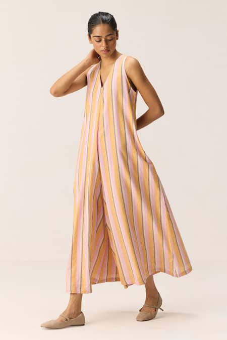 Shop_Kharakapas_Pink Cotton V-neck Striped Mangotrail Jumpsuit _Online_at_Aza_Fashions
