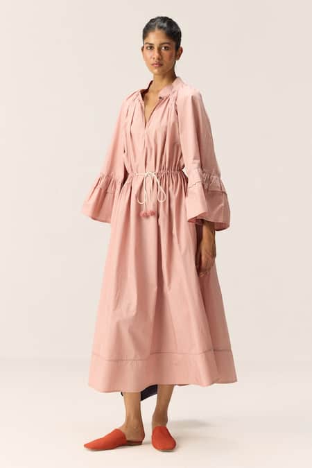 Kharakapas_Pink Cotton Mandarin Collar Rose Tier Dress _Online_at_Aza_Fashions