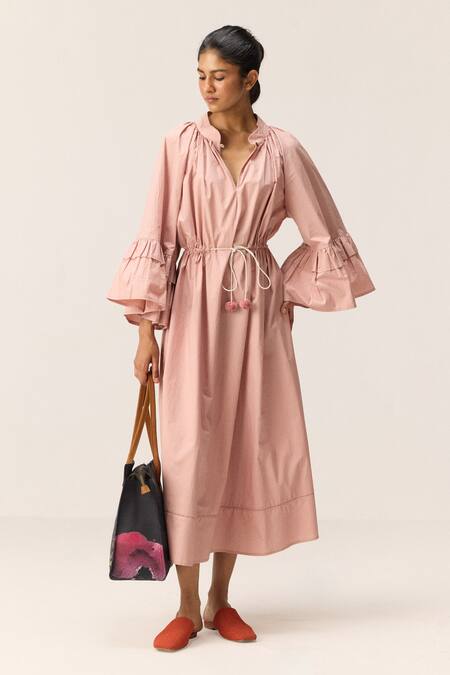 Buy_Kharakapas_Pink Cotton Mandarin Collar Rose Tier Dress _Online_at_Aza_Fashions