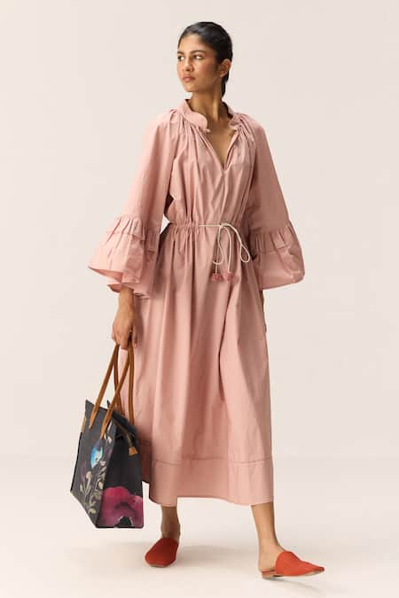 Shop_Kharakapas_Pink Cotton Mandarin Collar Rose Tier Dress _Online_at_Aza_Fashions