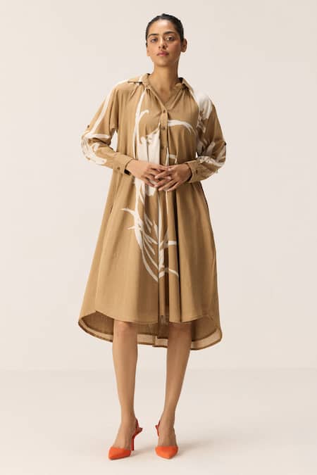 Kharakapas Brown Cotton Mandarin Collar Designer Camel Dune Dress 