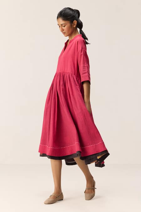 Kharakapas Pink Cotton Split V-neck Berry Beam Dress Online at Aza Fashions Kharakapas_Pink Cotton Split V-neck Berry Beam Dress _Online_at_Aza_Fashions
