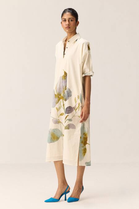Shop Kharakapas Off White Cotton Collared Floral Whisper Dress Online at Aza Fashions Shop_Kharakapas_Off White Cotton Collared Floral Whisper Dress _Online_at_Aza_Fashions
