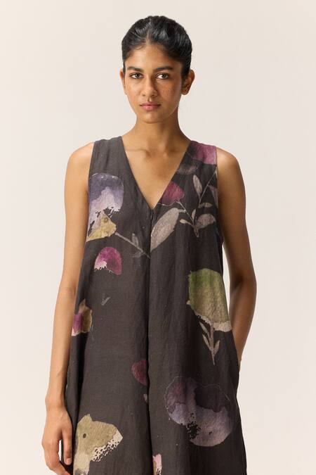 Shop_Kharakapas_Gray Linen V-neck Nightshade Blooms Jumpsuit _Online_at_Aza_Fashions