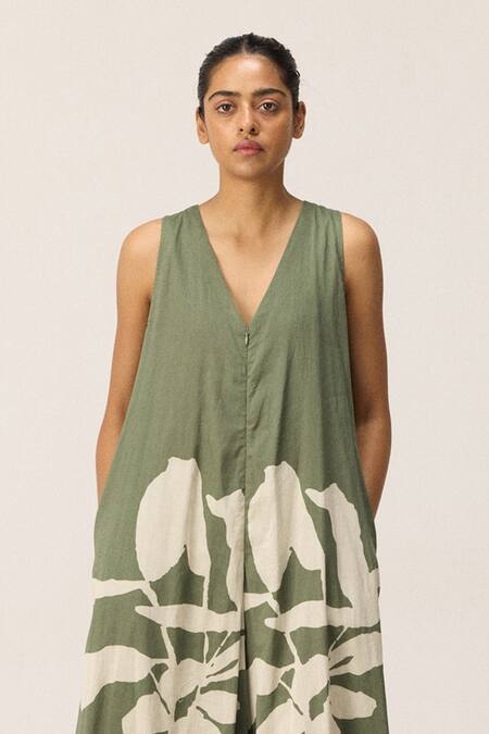 Kharakapas_Green Cotton V-neck Sage Trail Jumpsuit _Online_at_Aza_Fashions