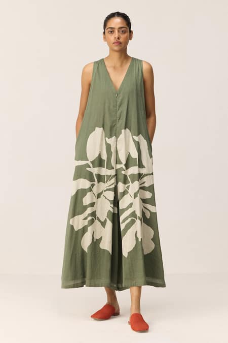 Buy_Kharakapas_Green Cotton V-neck Sage Trail Jumpsuit _Online_at_Aza_Fashions