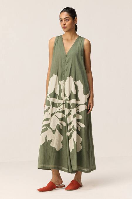 Shop_Kharakapas_Green Cotton V-neck Sage Trail Jumpsuit _Online_at_Aza_Fashions