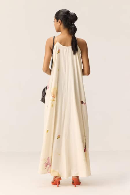 Shop Kharakapas Off White Cotton V-neck Chalky Blooms Dress at Aza Fashions Shop_Kharakapas_Off White Cotton V-neck Chalky Blooms Dress _at_Aza_Fashions
