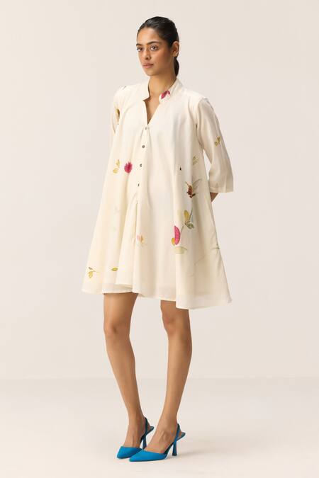 Kharakapas Off White Cotton Embroidery Collared Pearls In A Garden Dress Online at Aza Fashions Kharakapas_Off White Cotton Embroidery Collared Pearls In A Garden Dress _Online_at_Aza_Fashions