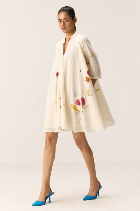 Buy Kharakapas Off White Cotton Embroidery Collared Pearls In A Garden Dress Online at Aza Fashions Buy_Kharakapas_Off White Cotton Embroidery Collared Pearls In A Garden Dress _Online_at_Aza_Fashions