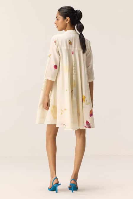 Shop Kharakapas Off White Cotton Embroidery Collared Pearls In A Garden Dress at Aza Fashions Shop_Kharakapas_Off White Cotton Embroidery Collared Pearls In A Garden Dress _at_Aza_Fashions