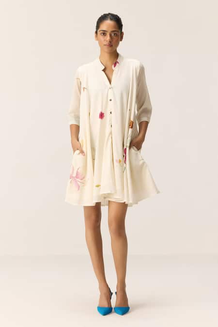 Kharakapas Off White Cotton Embroidery Collared Pearls In A Garden Dress