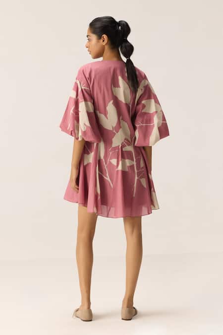 Shop Kharakapas Pink Cotton V-neck Lovespell Mul Dress at Aza Fashions Shop_Kharakapas_Pink Cotton V-neck Lovespell Mul Dress _at_Aza_Fashions