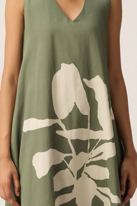 Shop Kharakapas Green Cotton V-neck Faded Herb Dress Online at Aza Fashions Shop_Kharakapas_Green Cotton V-neck Faded Herb Dress _Online_at_Aza_Fashions