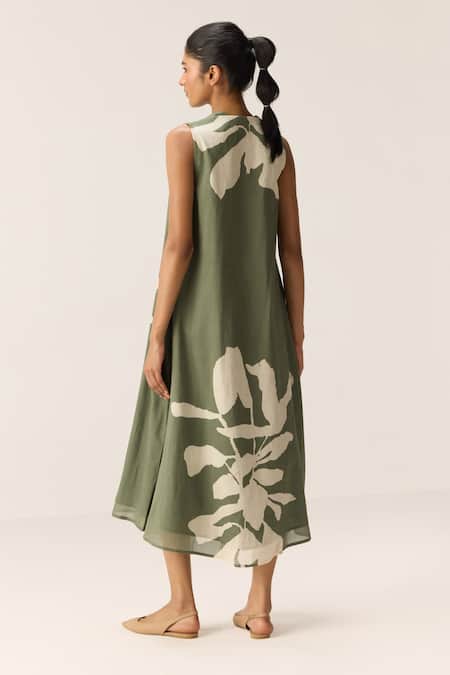 Shop Kharakapas Green Cotton V-neck Faded Herb Dress at Aza Fashions Shop_Kharakapas_Green Cotton V-neck Faded Herb Dress _at_Aza_Fashions