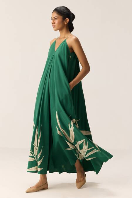 Kharakapas Green Cotton V-neck Tender Fern Dress Online at Aza Fashions Kharakapas_Green Cotton V-neck Tender Fern Dress _Online_at_Aza_Fashions