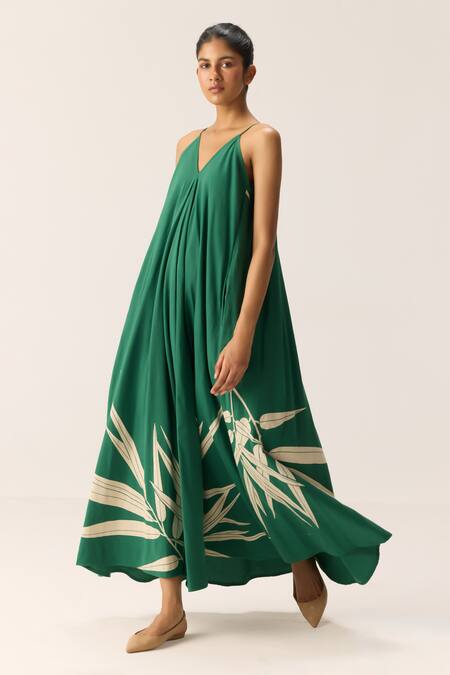 Shop Kharakapas Green Cotton V-neck Tender Fern Dress Online at Aza Fashions Shop_Kharakapas_Green Cotton V-neck Tender Fern Dress _Online_at_Aza_Fashions