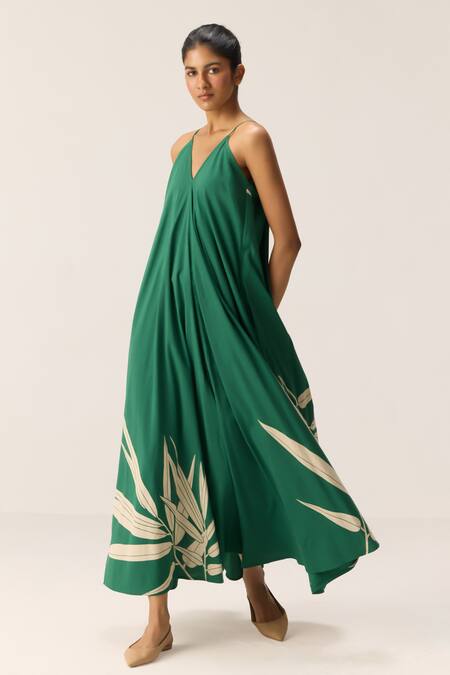 Kharakapas Green Cotton V-neck Tender Fern Dress at Aza Fashions Kharakapas_Green Cotton V-neck Tender Fern Dress _at_Aza_Fashions