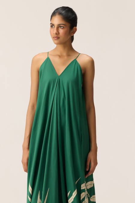 Buy Kharakapas Green Cotton V-neck Tender Fern Dress Buy_Kharakapas_Green Cotton V-neck Tender Fern Dress