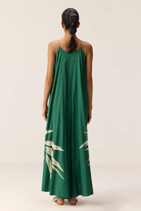 Shop Kharakapas Green Cotton V-neck Tender Fern Dress at Aza Fashions Shop_Kharakapas_Green Cotton V-neck Tender Fern Dress _at_Aza_Fashions