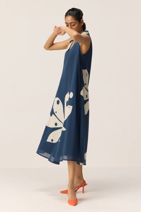 Kharakapas Blue Cotton V-neck Dust Storm Navy Dress Online at Aza Fashions Kharakapas_Blue Cotton V-neck Dust Storm Navy Dress _Online_at_Aza_Fashions