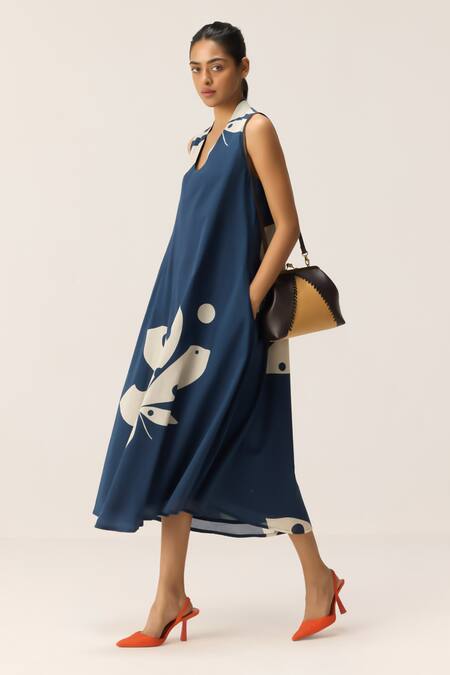 Shop Kharakapas Blue Cotton V-neck Dust Storm Navy Dress Online at Aza Fashions Shop_Kharakapas_Blue Cotton V-neck Dust Storm Navy Dress _Online_at_Aza_Fashions