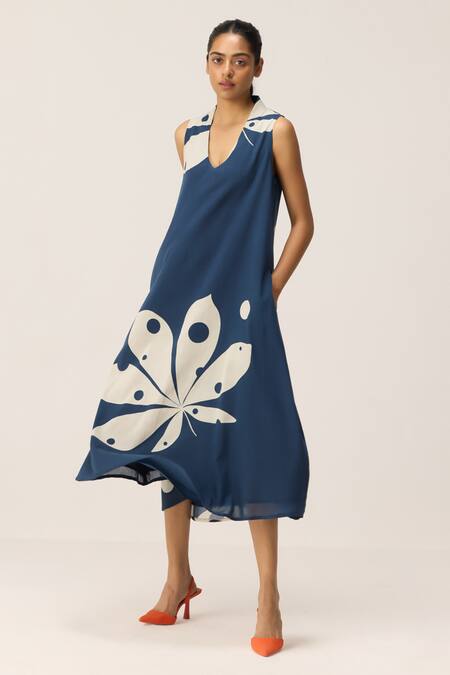 Buy Kharakapas Blue Cotton V-neck Dust Storm Navy Dress Buy_Kharakapas_Blue Cotton V-neck Dust Storm Navy Dress