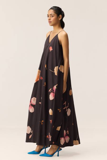 Shop Kharakapas Charcoal Cotton V-neck Floral Maxi Dress Online at Aza Fashions Shop_Kharakapas_Charcoal Cotton V-neck Floral Maxi Dress _Online_at_Aza_Fashions