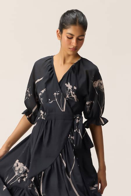 Kharakapas Black Cotton V-neck Eclipse Wrap Dress Online at Aza Fashions Kharakapas_Black Cotton V-neck Eclipse Wrap Dress _Online_at_Aza_Fashions