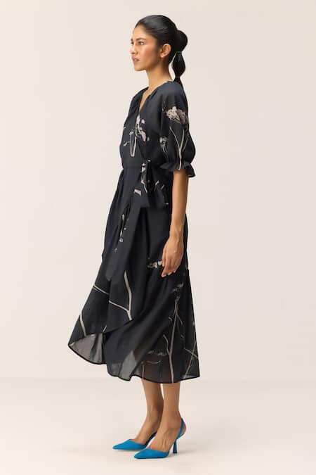 Shop Kharakapas Black Cotton V-neck Eclipse Wrap Dress Online at Aza Fashions Shop_Kharakapas_Black Cotton V-neck Eclipse Wrap Dress _Online_at_Aza_Fashions