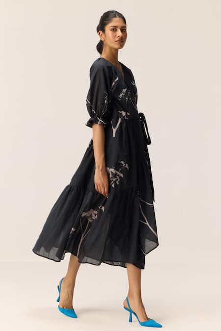 Buy Kharakapas Black Cotton V-neck Eclipse Wrap Dress Buy_Kharakapas_Black Cotton V-neck Eclipse Wrap Dress